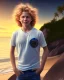 Placeholder: full length photograph of a beautiful 12 year old boy with long, blonde curly hair and light blue eyes, smiling, in front of a beach in sunset, highly detailed, smooth, photorealistic, digital art, HDR