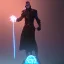 Placeholder: A commander in matte black robes with flaming eyes with flaming light blue pupils stands atop a squire Two infinity gauntlets contain six infinity stones, one of which is made with nano In the hands of a powerful man walking While standing on a majestic height from afar