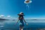 Placeholder: woman standing next to a lake, flying mushrooms with jellyfish tenacles in a blue sky