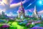 Placeholder: fairy and cosmic landscape with blue grass, magic plants, sky with light and stars. fairy white little castle with diamond. a big with bright spaceship with light