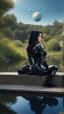 Placeholder: Fantasy Photo Of A Woman With Black Hair, Wearing A robot-looking catsuit, Sitting sideways On A Ledge next to a Pond, With A Planet Behind Her Head