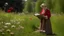 Placeholder: An elderly peasant woman, seen in full body, wearing clothing appropriate to her work, is reading a letter outdoors. She is standing and holding a red umbrella, and is in a field of grass and flowers with many trees in the background.