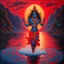 Placeholder: An oil painting of goddess Kali crossing a lake neon red colors