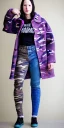 Placeholder: Model, woman. sérigraphie on denim with purple, lilac, forest green and crimson red colors. Camouflage patterns are screen printed on denim. Woman in her 30's. thick thighs, thick calves, flat belly, wide hip. Mantle made of recycled Denim by sewing. Sewed camouflage patterns together. Big bright purple and blue felt pieces makes mantle, which is merged with satchel. purple tippet and cream-colored-hood. AKG headphones is merged with small felt cap with small visor. Haute Couture 1990's