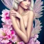 Placeholder: beautiful fairy nude with transparent wings, smiling, , long platinum blond hair with crown and flowers, pink dress