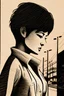 Placeholder: Mujer con el cabello corto caminando por la calle , xilografia, duo tono