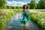 Placeholder: shot from front ,green field and wild flower field ,beautiful girl in pretty dress curly hair walking in water toward camera in trees next to wavy river with clear water and nice sands in floor.camera capture from her full body front, spring blosom walking to camera ,wild flowers moving in the wind ,blue sky,moving pretty clouds ,joy full facet.