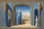 Placeholder: an open gothic_arab gate in a blue-tiled wall with a view of an old city by artist "de Chirico",by artist "Leonora Carrington"