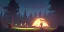 Placeholder: Campsite in a forest clearing at night, starry sky, adventurers resting