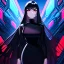 Placeholder: Clear Focus High resolution, black long hair, red eyes, 80s style, cyberpunk city in background, black dress outfit, serious face expression.