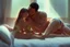 Placeholder: Digital painting of dad cuddling two beautiful young teenage girl in a swimsuit on a bed. eating a banana. with dad, artstation, 8k, extremely detailed, ornate, cinematic lighting, vivid.