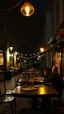 Placeholder: Cafe table outside with at night with dim lights on the tables in the style of vincent van Gogh, without people and animals only a couple lovers