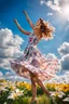 Placeholder: The camera zooms in, focusing sharply on very beautiful German girl with make up Lily wearing pretty dress as she dances gracefully in the same romantic environment with flowers and sky with nice clouds. Her joy and youth are presented against the backdrop of the surreal surroundings.