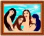 Placeholder: Very sensual gorgeous 3 women "Las tres gracias" Post modern art. 3 young white woman brunette hair maiden dressed in blue posing sensually with plaits,In and out of an empty surreal picture frame. Background a desert, sunshine beams divine bright soft focus holy in the clouds steampunk engine.