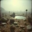 Placeholder: A striking quality close-up polaroid photograph captures a surreal wasteland with odd stones, pond, odd spindle-shaped objects, spooky, obsessive, paranoid, intricate, creepy, details of the dust very accentuated, glossy, organic, adorned with minerals and rocks, fog. Bathed in feeble light, eerie, black sun, fog, volumetric light, octane render