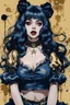 Placeholder: Poster in two gradually, a one side malevolent goth vampire girl face and other side the Singer Melanie Martinez face, full body, sit pose, painting by Yoji Shinkawa, darkblue and gold tones,