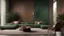 Placeholder: Sala grande moderna e minimalista, parede verde mate,madeira, sofá castanho escuro em pele, lareira,Janela grande com cortina, planta, jardim exterior