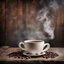 Placeholder: Cup of coffee with smoke and coffee beans on old wooden background