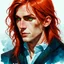 Placeholder: dnd, fantasy, watercolour, stylistic, portrait, illustration, dull colours, male, face, narrow long face, weathered face, green eyes, determined, happy, red hair, very long hair streaming down the shoulders, radiating light, five o'clock shadow