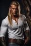 Placeholder: stunningly handsome viking, muscular, long blonde hair, male age 30, wearing jeans and a longsleeved white shirt, tan skin, tattoos,photorealistic 4k, dark fantasy