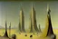 Placeholder: Mysterious towers in a desert landscape by artists "Leonora Carrington" and "Max Ernst"