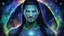 Placeholder: beautiful gorgeous young man na'vi with long hair, Avatar, blue skin, two small ears, green eyes, blue skin, black hair, in cosmic suit, galactic ambiance, medium pointy goatee , smiling, nebulas and sacred geometry light figures on the backgroud,