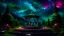 Placeholder: my dreams . podium for meditation , day landscape, In the garden my mind bows . meditation . ancient palace built in the jungle , mountains. space color is dark , where you can see the fire and smell the smoke, galaxy, space, cosmos, panorama. Background: An otherworldly planet, bathed in the cold glow of distant stars. Northern Lights dancing above the clouds in amazon. Fantasy gate floating in the universe
