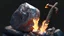 Placeholder: hyperrealism maximum details side view Glass Rock and Stone hexer holding a flaming axe in his hand