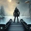 Placeholder: fantasy art, book cover, big wolf in front of the ebony stairs of a bridge or dam ,icy water, on the bridge is a wolf, there is also a hawk close by