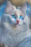 Placeholder: Attractive white cat with blue eyes and white feathers around it