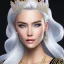 Placeholder: Ice Princess with white hair smilling, a crown with precious stones, bright background