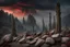 Placeholder: mountains, a gloomy rocky landscape, cypresses stretching up in the foreground, rocks and a bloody sky in the background