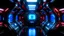 Placeholder: Dark spaceship interior with glowing blue and red lights. Futuristic spacecraft with large window view on planets in space and control panels. 3D rendering. Pro Photo