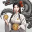 Placeholder: Bitcoin cryptocurrency in the hands of a traditional chinese girl, dragon