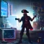 Placeholder: a cyberpunk hacker pirate captain holding a beer with a pirate hat sitting in front of a huge old crt monitor in a dark room , only light coming from crt monitor, highly detailed, intricate, digital art, trending on artstation, trending on cgsociety, by greg rutkowski