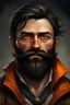 Placeholder: Fantasy portrait of a late 30s man with short black hair and an unkempt gritty beard. Orange eyes. Kind of pug faced. Looks like a pirate or a bandit. A slightly broad nose, wearing a pirate jacket. Looks like Hugh Jackman, but if he were fantasy-style, not real.