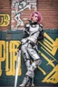 Placeholder: teen woman in retro-futurist cyberpunk costuming with pants and sheathed swords leaning to the side with shoulder against a brick pillar, background is brick with graffiti of a large arrow pointing to the right and text of the word "PUB" on lower left