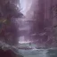 Placeholder: forest river, ruins, concept art watercolor