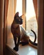 Placeholder: sleek Oriental Shorthair Siamese with rich chocolate point markings, its slender body poised elegantly on the narrow windowsill of an old, ornate apartment. The late afternoon sun casts golden streaks through the slightly parted curtains, illuminating the cat's almond-shaped, sapphire-blue eyes as it gazes intently at the bustling street below. Its large, bat-like ears twitch at distant sounds, while the delicate curve of its whip-like tail drapes over the edge of the sill. The window frame, wea