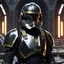 Placeholder: star wars bald male corellian pilot wearing pearlescent black and gunmetal grey First Order special forces heavy assault stealth commando armor and helmet with gold trim inside the jedi temple, hyperdetailed, dynamic lighting, hyperdetailed background, 8k resolution, volumetric lighting, light skin, fully symmetric details