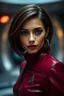 Placeholder: Medium shot portrait fascinating beautiful actress Angela Sarafyan , short dark brown hairstyle irredscent light brown color, wearing cherry glossy color cadet costume of Star Trek Voyager, bokeh, dynamic lighting, sophisticed mood, intricate expressions and feelings, filmic, superb shot, sci-fi scene, realistic photography