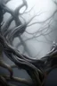 Placeholder: <#1031164080234450964> Multiple entanglements between a twisted thin piece of cloth as part of many twisted and spiraling branches disappearing into the distant mist, epic photo, sharp on highly detailed skin with wrinkles and high contrast, photorealistic, 4K, 3D, realism, hyperrealism, detail, good lighting, detailed texture, modern photography style, 3D, 4D, 4K --2:3