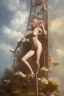 Placeholder: dressed woman on the ladder above clouds