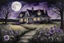 Placeholder: Night, one woman, distant house, purple flowers, moon, gothic horror films influence, thomas rigin watercolor paintings