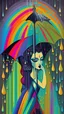 Placeholder: Painting in erte style of gothic woman in rain rainbow