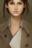 Placeholder: upper body portrait of a young girl from final fantasy live action, with short black hair and green eyes in a tan trenchcoat over a white shirt, award winning, masterpiece digital painting by greg rutkowski, alex grey, artstation, 4k wallpaper