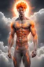 Placeholder: full body picture of a slim muscular god with galaxy's in his eyes, glowing orange hair that looks like it's made of the sun, a light gray body made of clouds with glowing cracks of orange within it in cloud patterns. realistic 4k