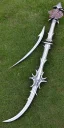 Placeholder: A large silver and Gold spear weapon covered in rose's and thorns, realistic, fantasy,