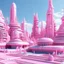 Placeholder: A light pink futuristic city designed in Moai statues painted by Qiu Ying