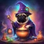 Placeholder: a detailed digital illustration of a pug wizard wearing a witch's hat, stirring a magical concoction in a bubbling cauldron, 4k resolution, whimsical, fantasy, cute, pet portrait, vibrant colors, mystical atmosphere, enchanting, magical sparks, illuminated background, hand-painted, digital art, trending on Behance